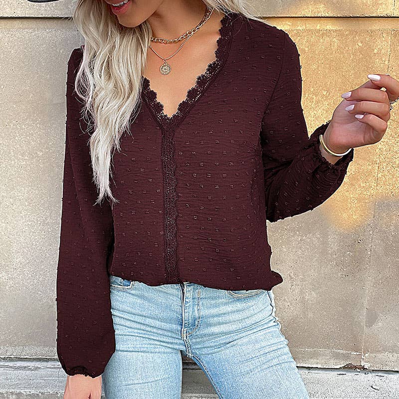 COMMUTER LONG SLEEVE LACE PATCHWORK V-NECK SHIRT