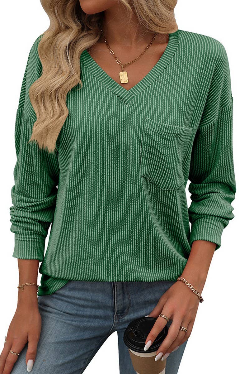 CWTBLL1506_V-NECK COLORBLOCK TWIST LONG-SLEEVED T-SHIRT