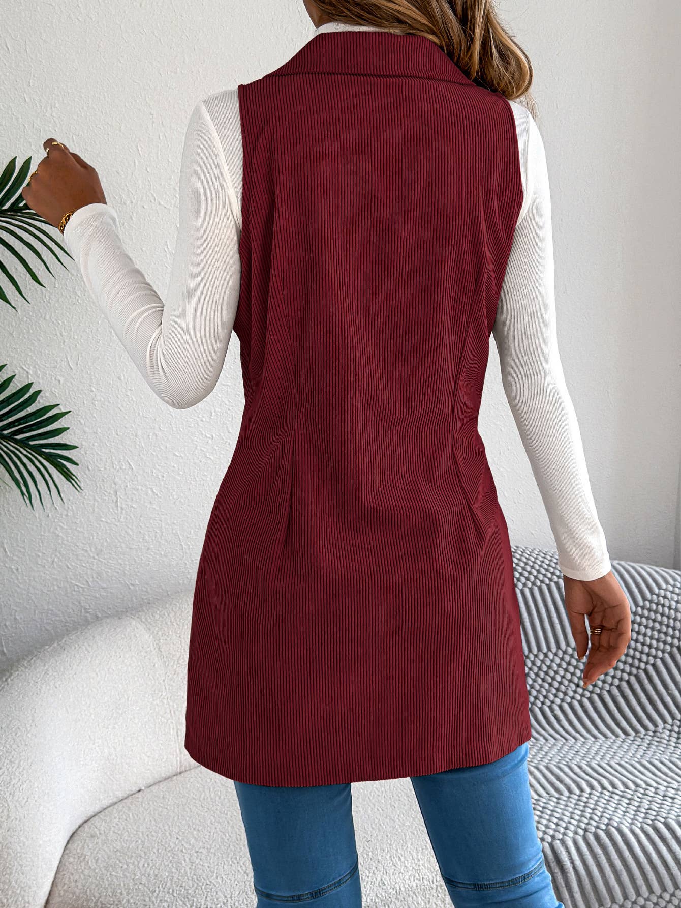 Double-breasted pocket corduroy long vest