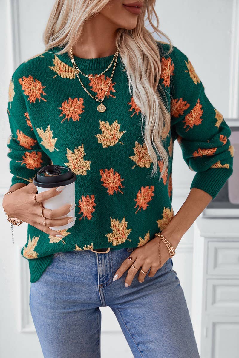 CWOSWL2808_MAPLE LEAF JACQUARD CASUAL PULLOVER KNIT TOP