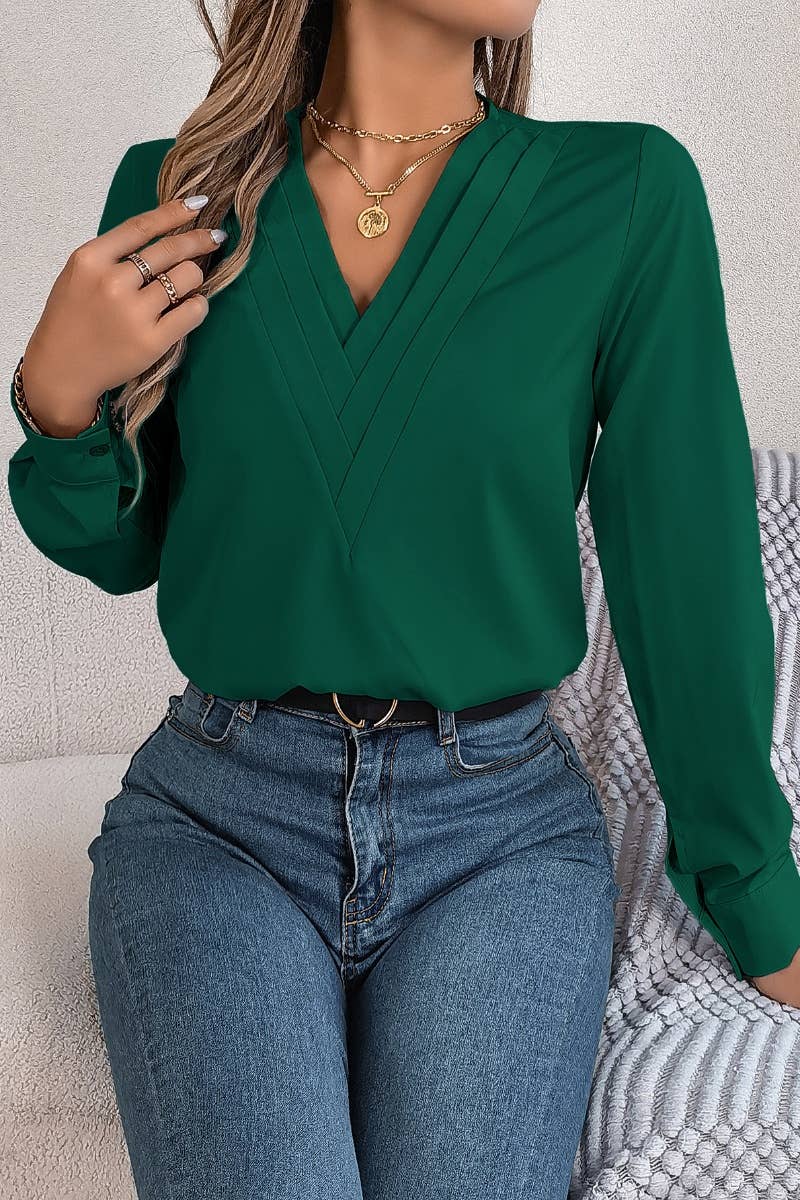 CWTBLL2646_AUTUMN SOLID COLOR V-NECK LONG SLEEVE SHIRT TOP