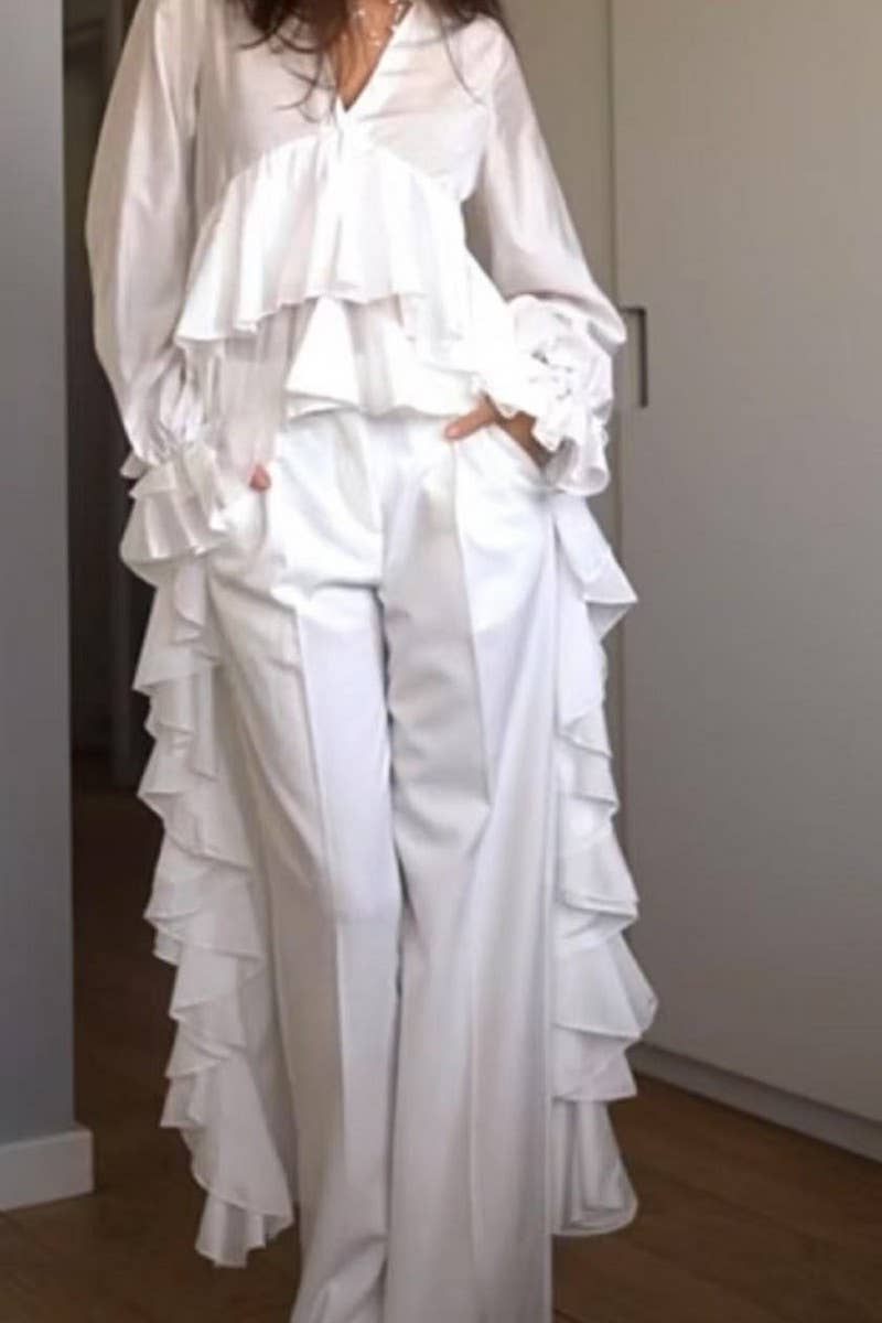 CWTSTL2877_V-NECK LONG SLEEVE ASYMMETRICAL HEM BLOUSE