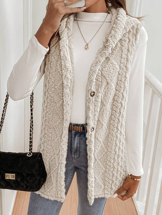 Double-sided ringed plush sleeveless hooded coat