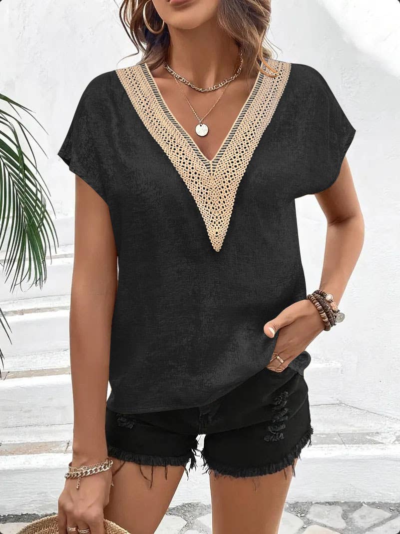 Casual loose V-neck bat-sleeve T-shirt