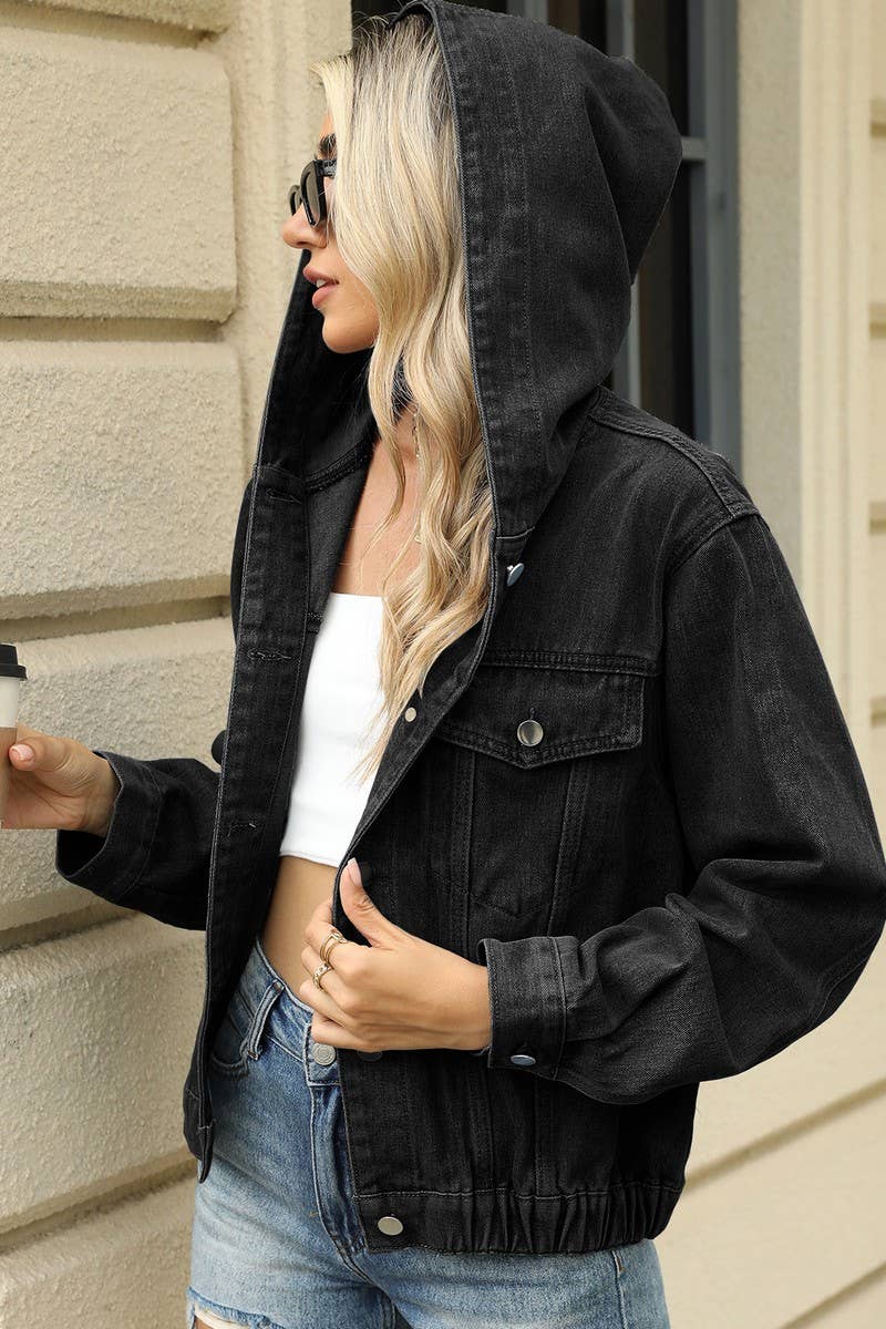 CWJT00080_WASHED LOOSE CASUAL HOODED DENIM JACKET TOP