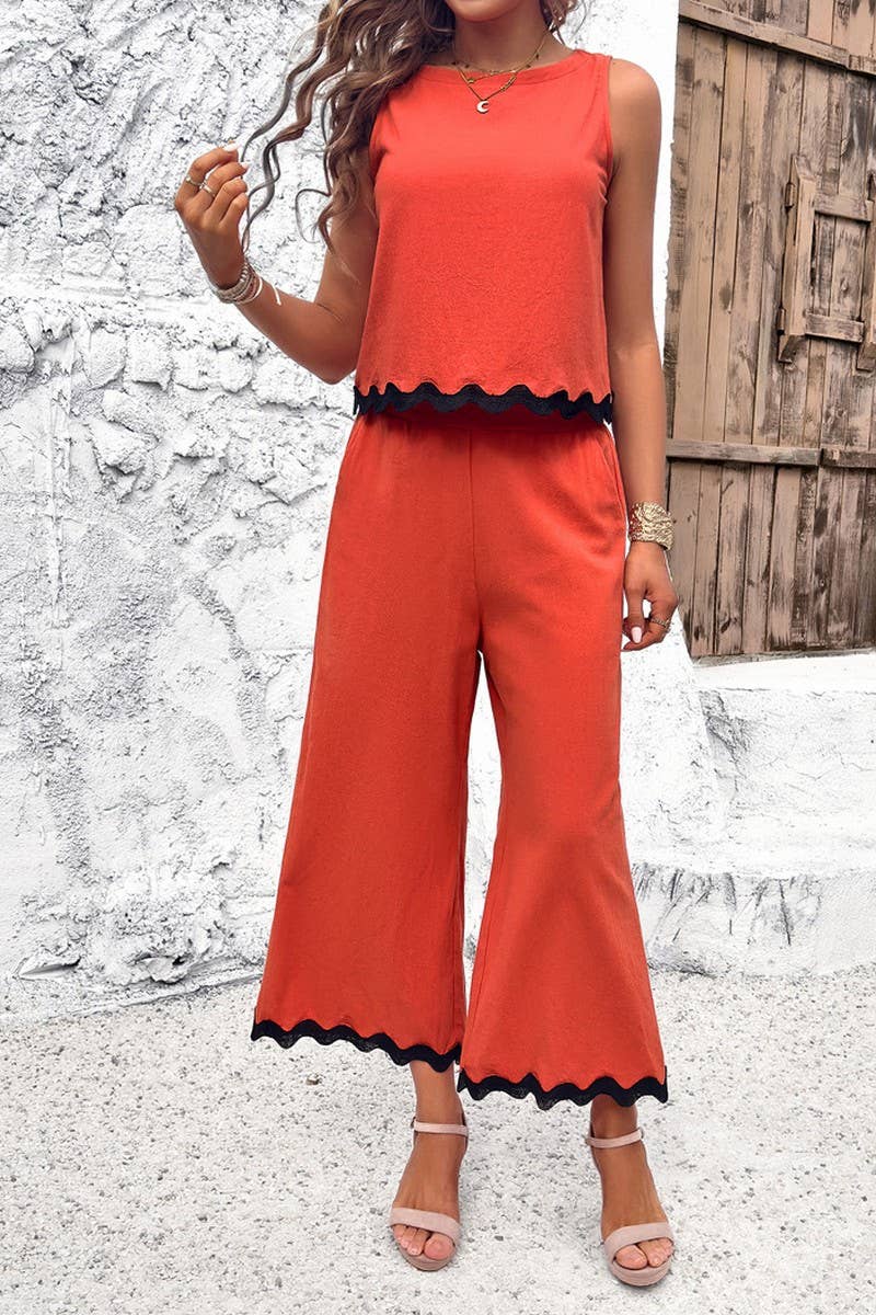 CWSTB0450_Round Neck Sleeveless Top Cropped pants Set