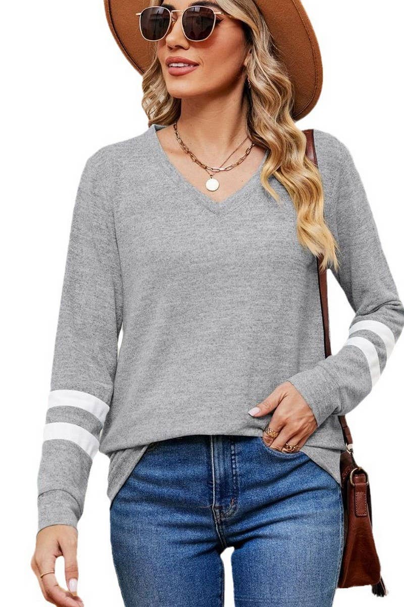 CWTBLL2392_V-NECK LONG-SLEEVED CONTRAST COLOR LOOSE TOP