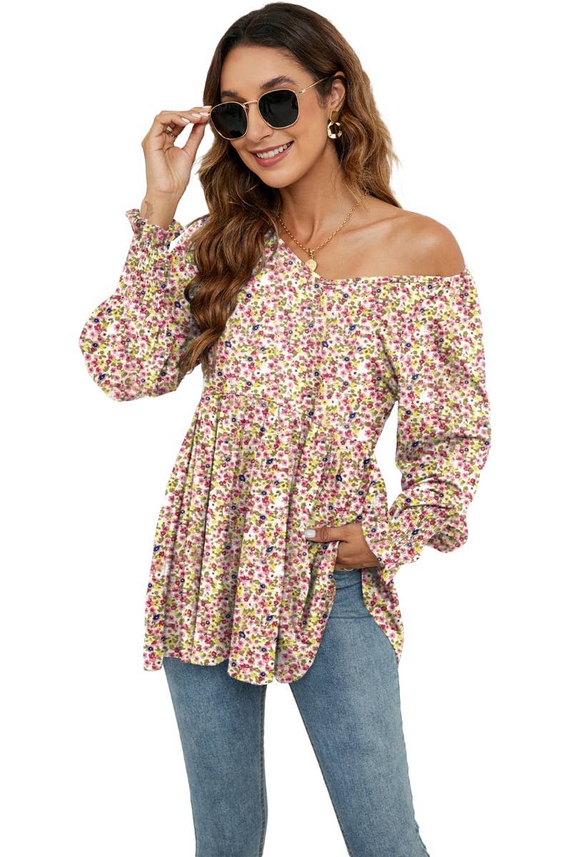CWTBLL2935_FALL FLOWER BOUQUET WAIST PUFFY SLEEVE TOP