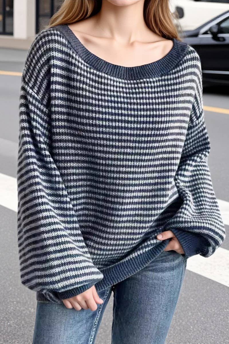CWOSWL07623_OFF SHOULDER STRIPED KNIT PULLOVER SWEATER