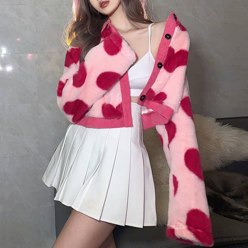 COLOR CONTRAST FASHION LOVE LAPEL PLUSH COAT