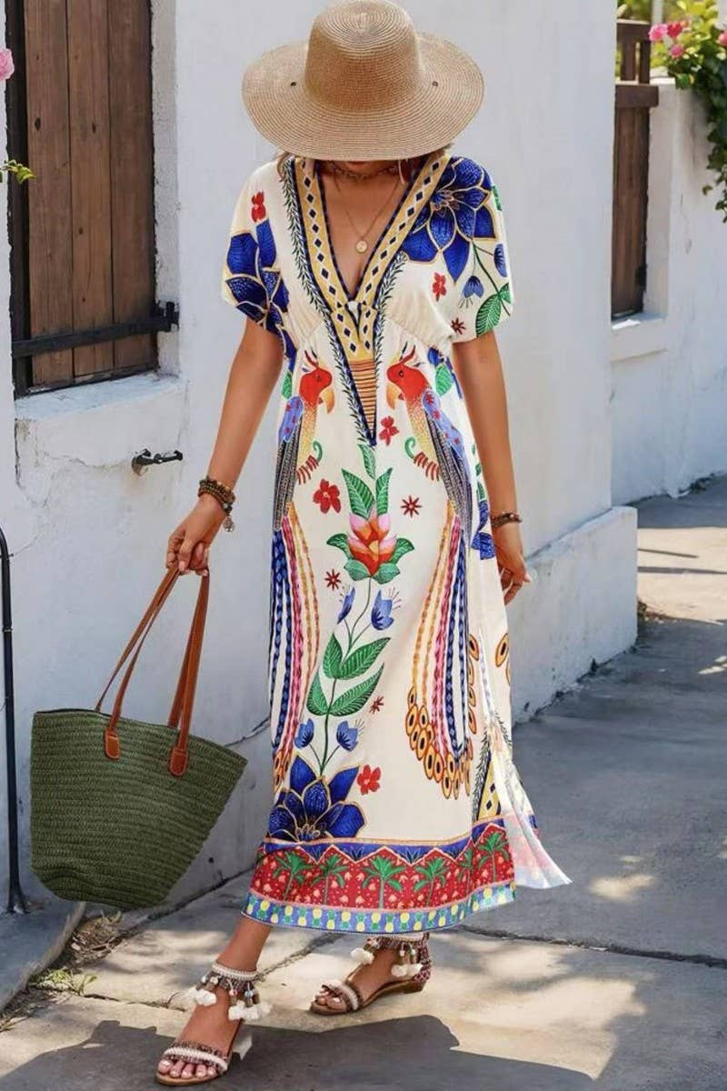 CWDMD5850_V-NECK FLORAL LOOSE FIT MAXI T-SHIRT DRESS