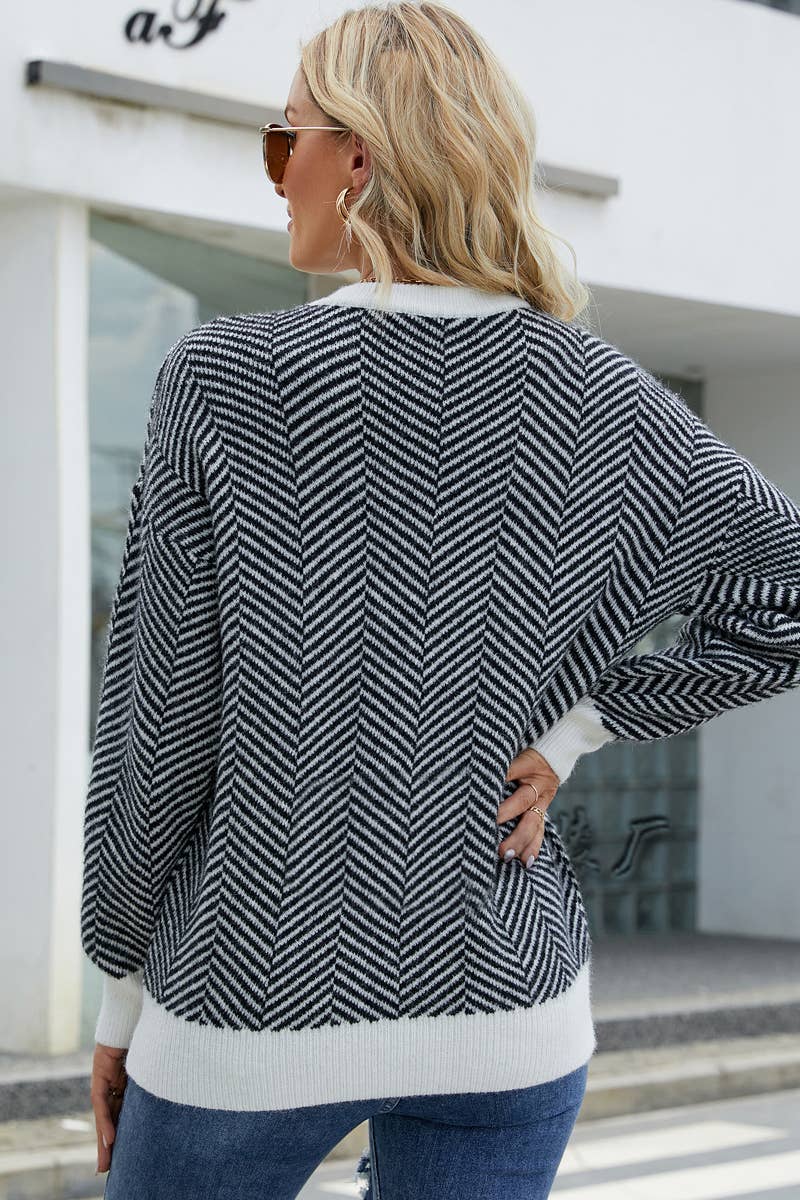 CWTTL1074 Striped Round Neck Knitted Panel Pullover Sweater