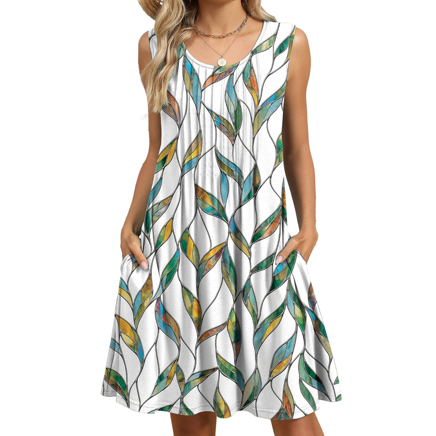 Crew-neck loose print tank top dress with pockets