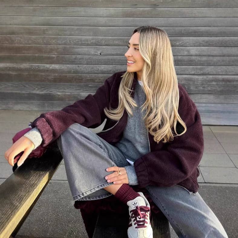 Beaded leather zipper long-sleeved short jacket