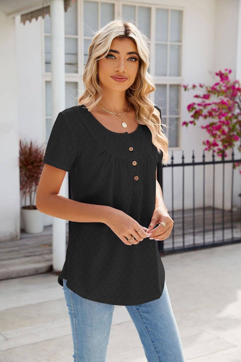 CWTBLS0435_Round Neck Short Sleeve Blouse