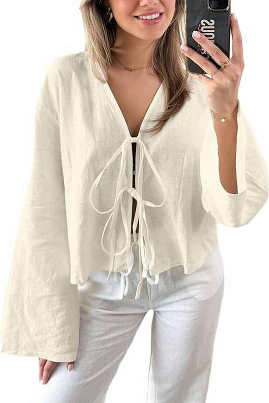 CWTBLL00693_SOLID COLOR DEEP V-NECK FLARED SLEEVE TOP