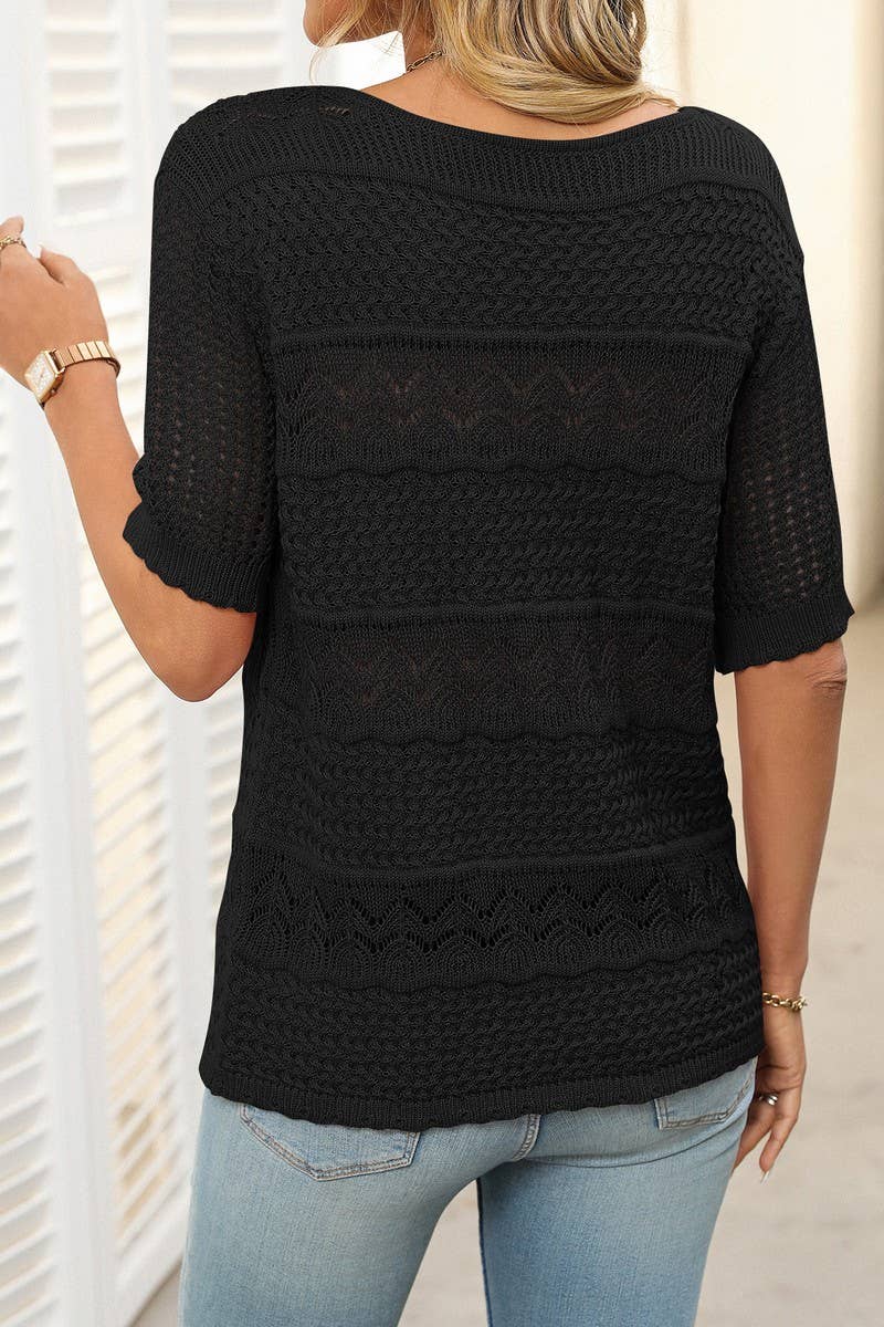 CWOSWS0128_CREW NECK HOLLOW KNIT CROCHET SHORT SLEEVE TOP