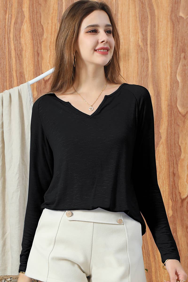 CWTTL1001_NOTCH NECK LONG SLEEVE CREPE SLUB BASIC TOP