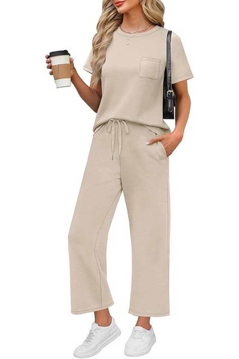 CWSS01301_SUMMER SHORT-SLEEVED WIDE-LEG PANTS CASUAL SUIT