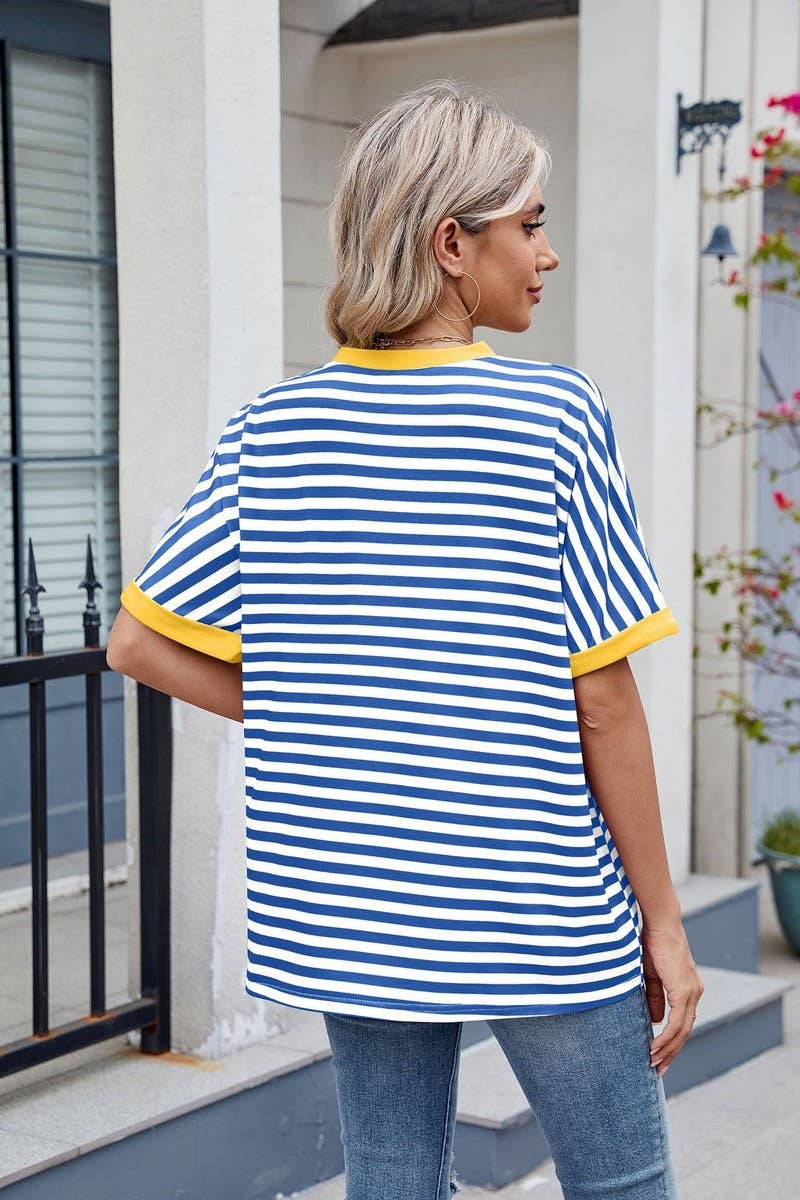 CWTTS1299_LOOSE STRIPED COLORBLOCK CREW NECK T-SHIRT TOP