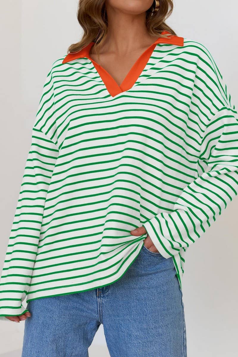 CWTBLL1811_LAPEL STRIPED V-NECK LOOSE SWEATSHIRT