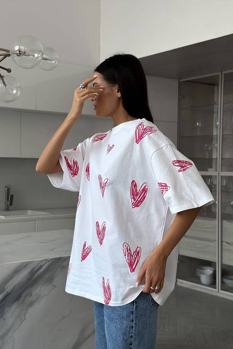 CWTTS1177_HAND-PAINTED HEART PRINT SHORT-SLEEVED T-SHIRT