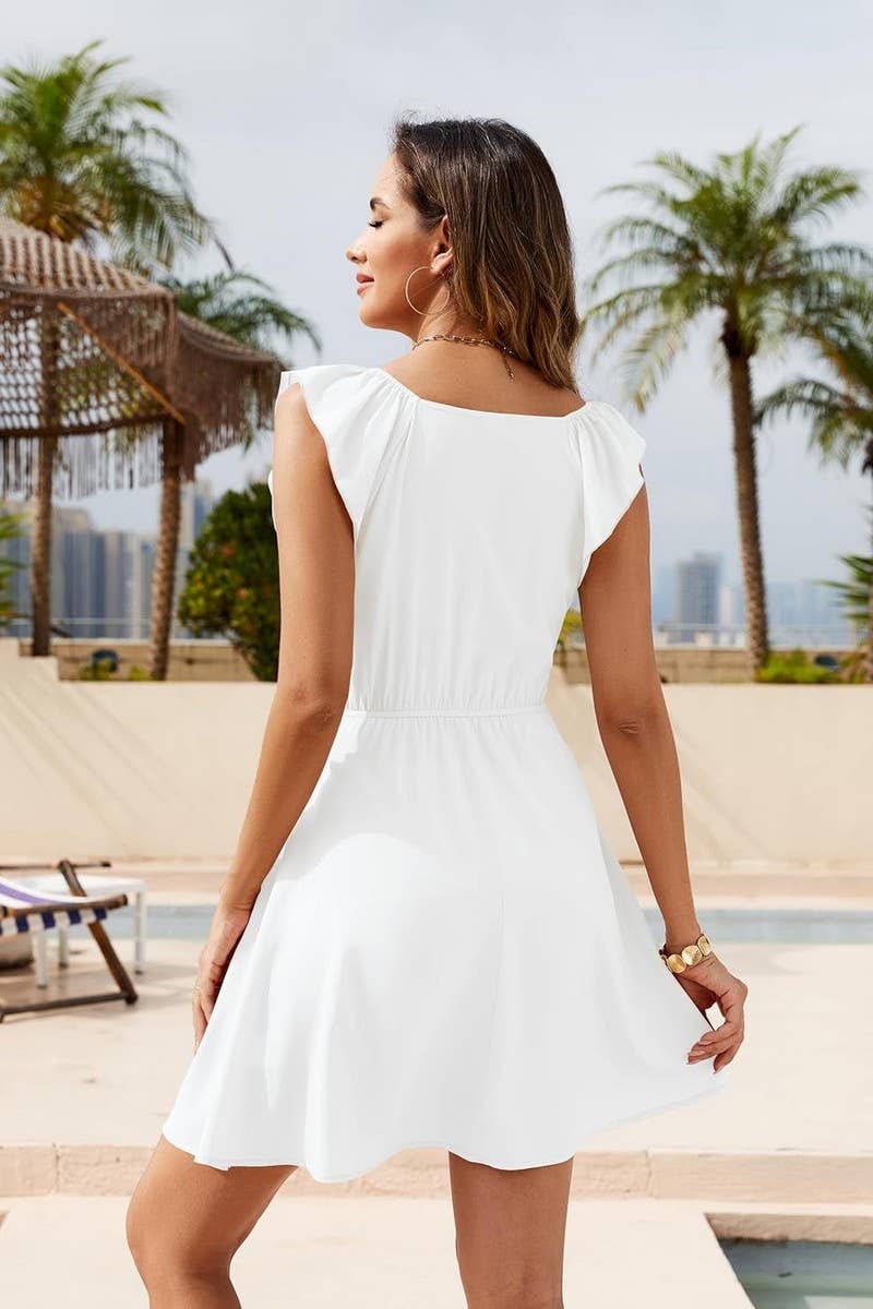 CWDSD8709_RUCHED V-NECK FLUTTER SLEEVE BEACH COVER UP DRESS