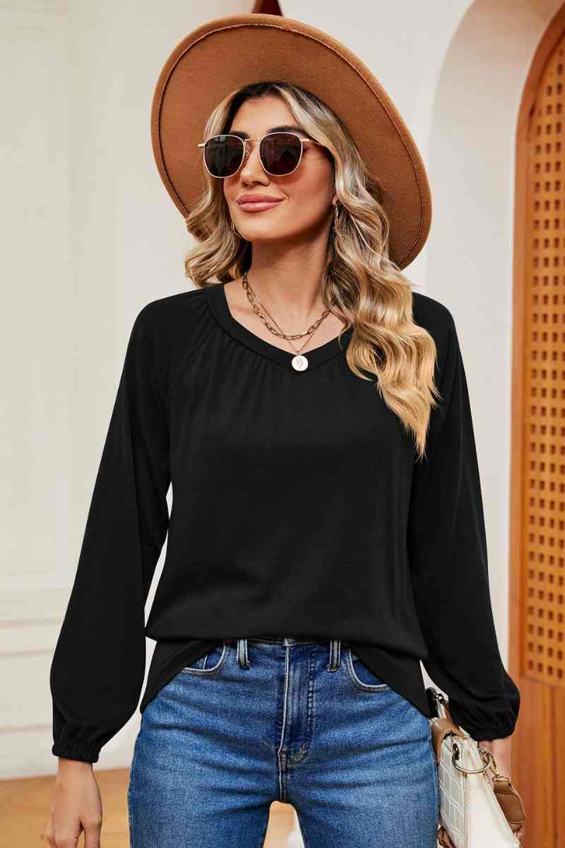 CWTBLL2840_CASUAL SOLID COLOR PLEATED LONG SLEEVE TOP