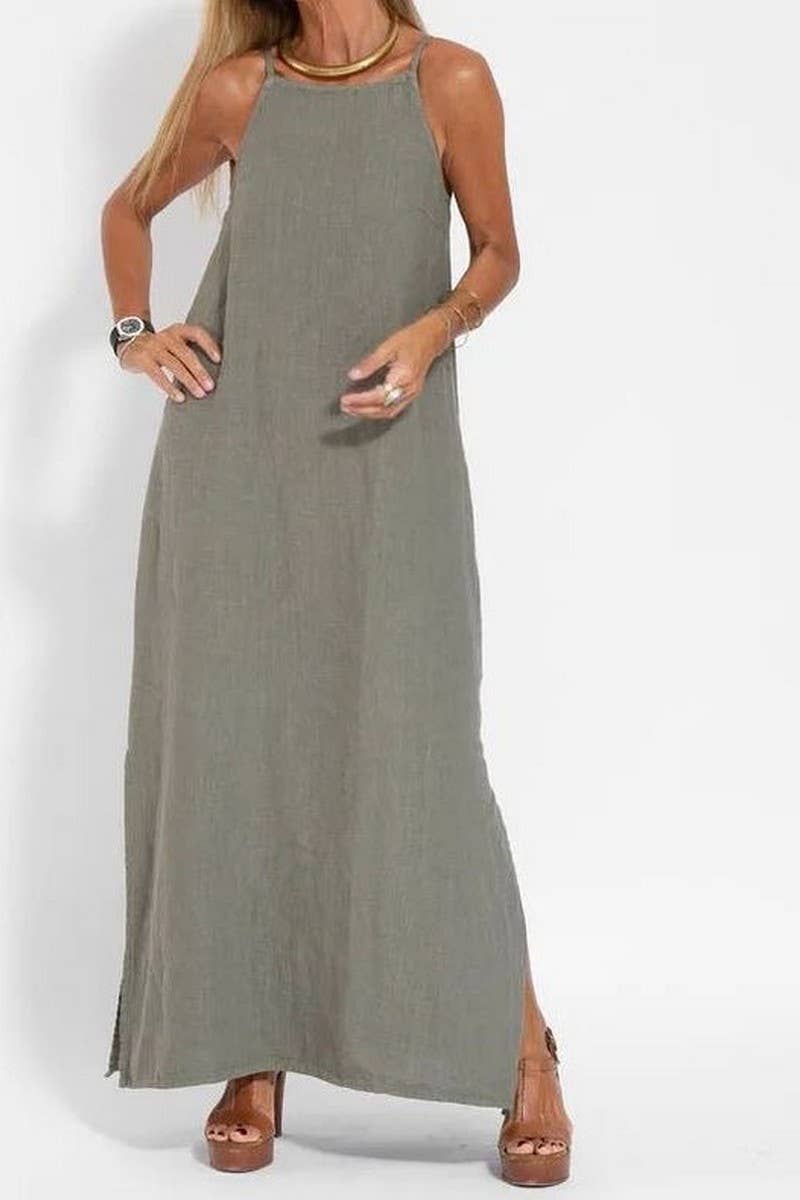 CWDMD01027_CASUAL COTTON AND LINEN SLIT SUSPENDER DRESS