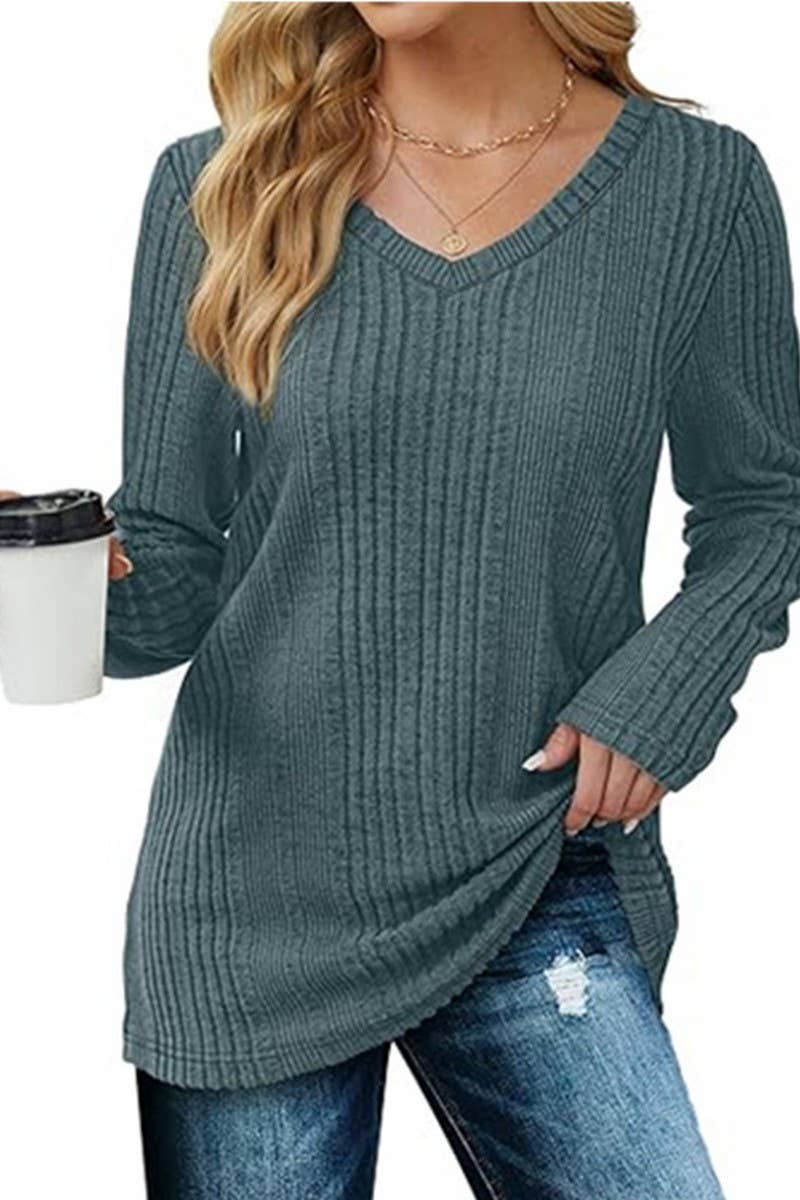 CWOSWL6559_V-NECK SOLID COLOR LONG-SLEEVED KNITTED SWEATER
