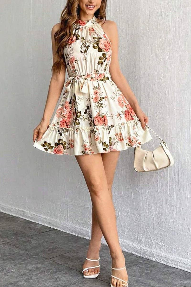 CWDSD10514_SWEET PRINT COLD SHOULDER RUFFLED SLIP DRESS