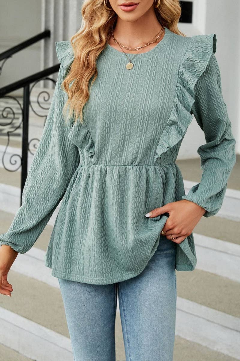 CWTBLL2827_AUTUMN LONG SLEEVE SOLID COLOR PLEATED TOP