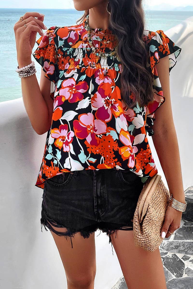 CWTBLSL0065_Round Neck Floral Ruffle Sleeveless Top