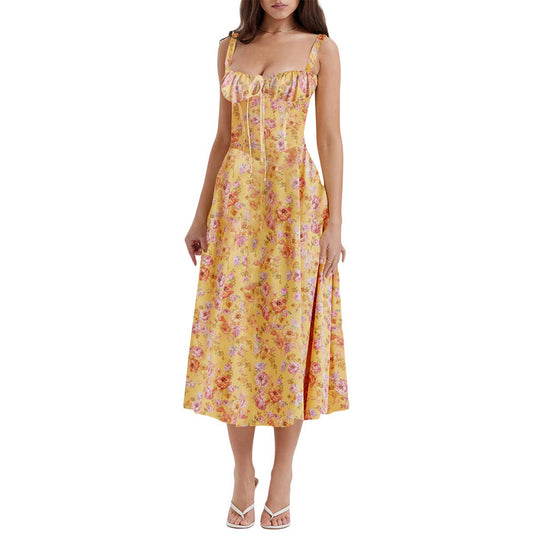 FLORAL FRENCH HIGH-WAISTED LONG HALTER DRESS