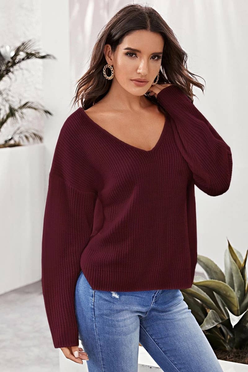 CWOSWL6250_KNIT BACKLESS V-NECK LONG-SLEEVED SWEATER