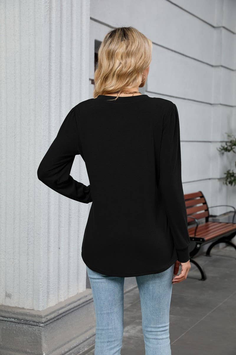 CWTBLL01306_V NECK RIBBED SOLID LONG SLEEVE CASUAL TEE