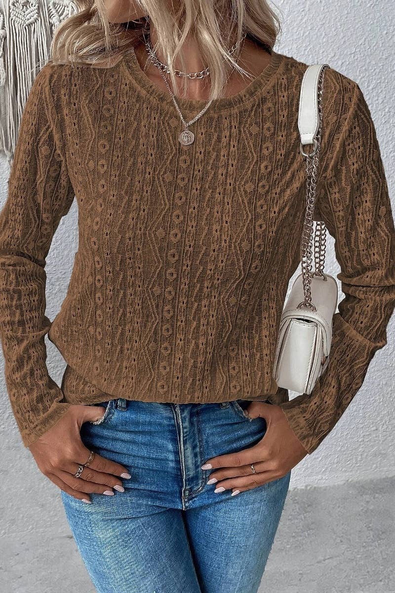 CWTBLL2478_CREW-NECK LONG SLEEVE JACQUARD LACE TOP