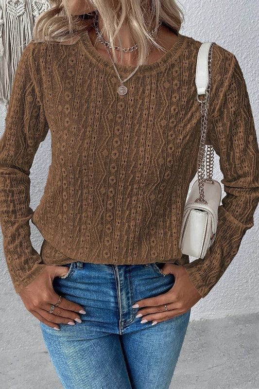 CWTBLL2478_CREW-NECK LONG SLEEVE JACQUARD LACE TOP