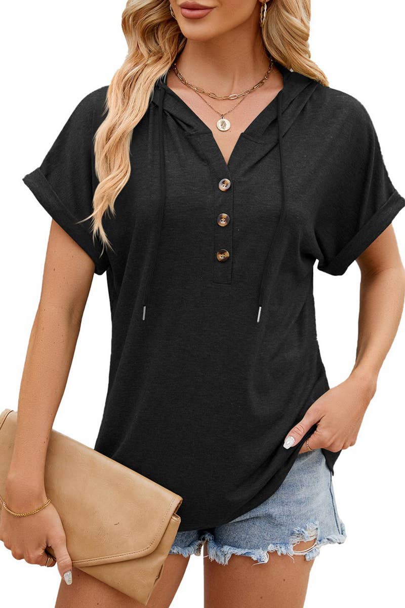 CWTTS1350_SUMMER SOLID COLOR HOODED BUTTON SHORT SLEEVES