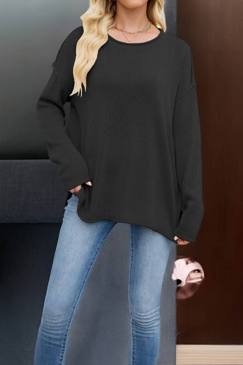 CWOSWL7018_SOLID COLOR ROUND NECK LOOSE PULLOVER SWEATER