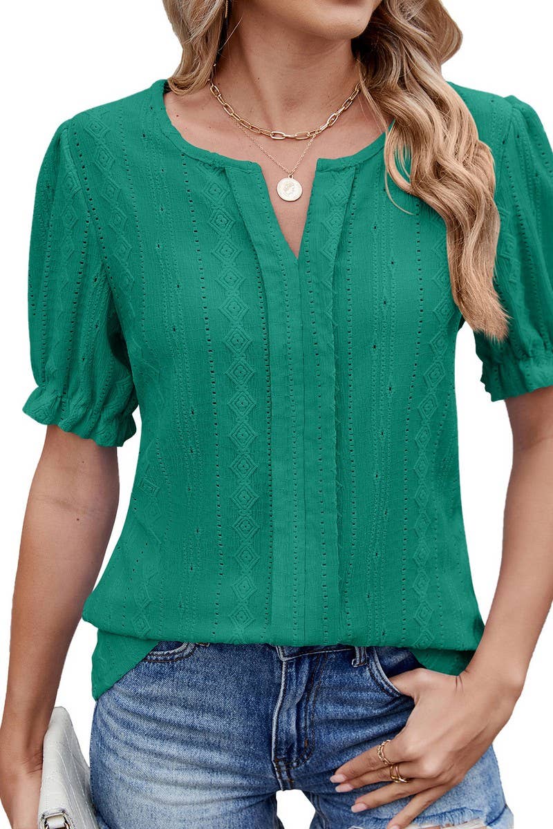 CWTTS1331_SUMMER V-NECK LOOSE PUFF SLEEVE JACQUARD T-SHIRT