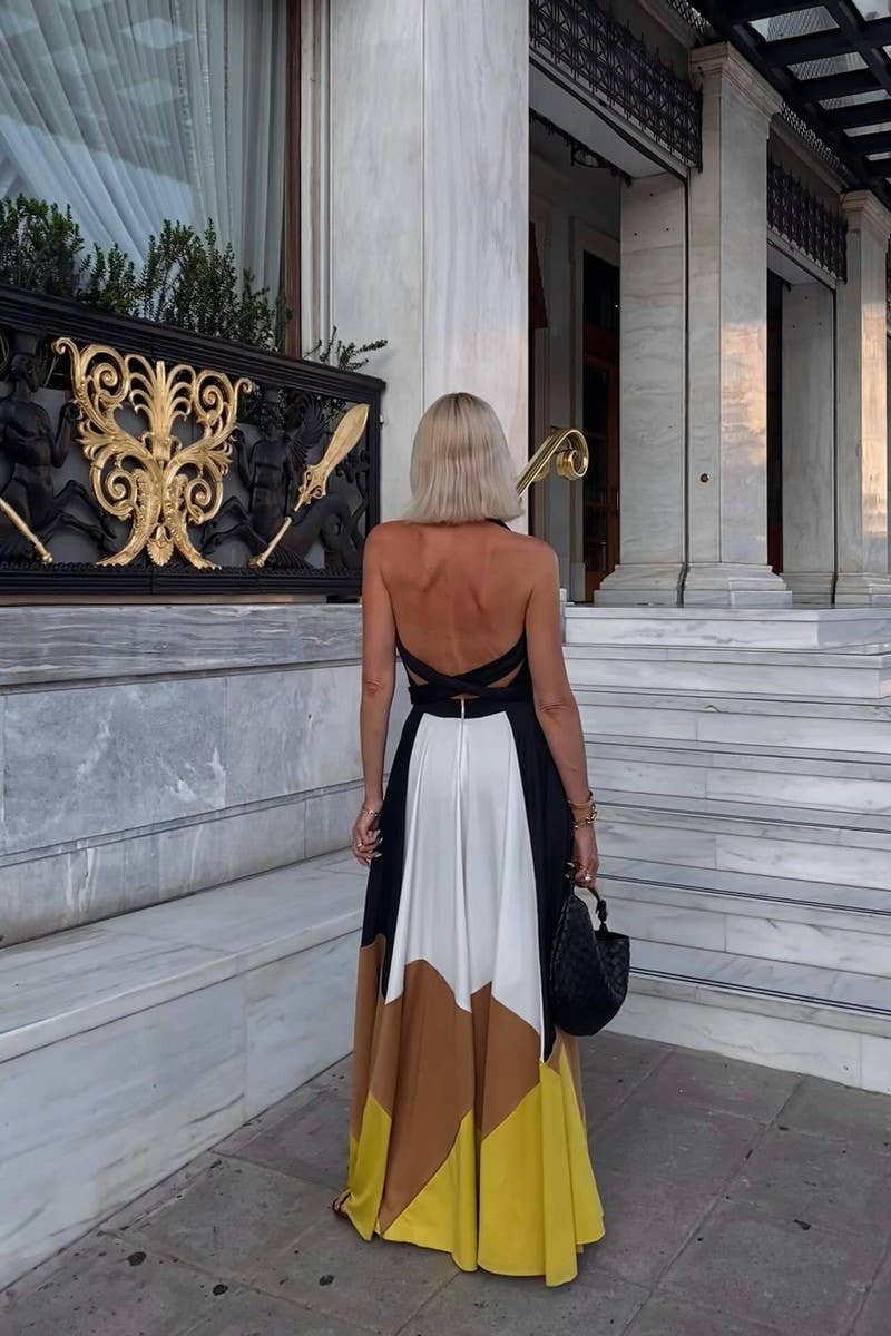 CWDMD6480_COLORBLOCK BACKLESS TIE STRAP MAXI DRESS