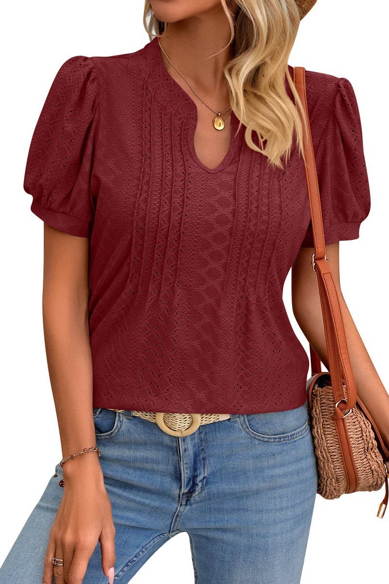 CWTBLS0794_SOLID COLOR V NECK LOOSE SHORT SLEEVED TOP