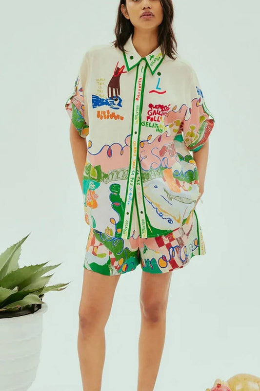 CWSS1237_CASUAL PRINTED SHIRT SHORTS TWO-PIECE SET
