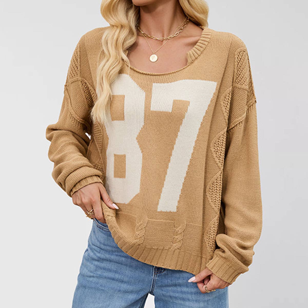 Digital color-blocking knit long-sleeved sweater