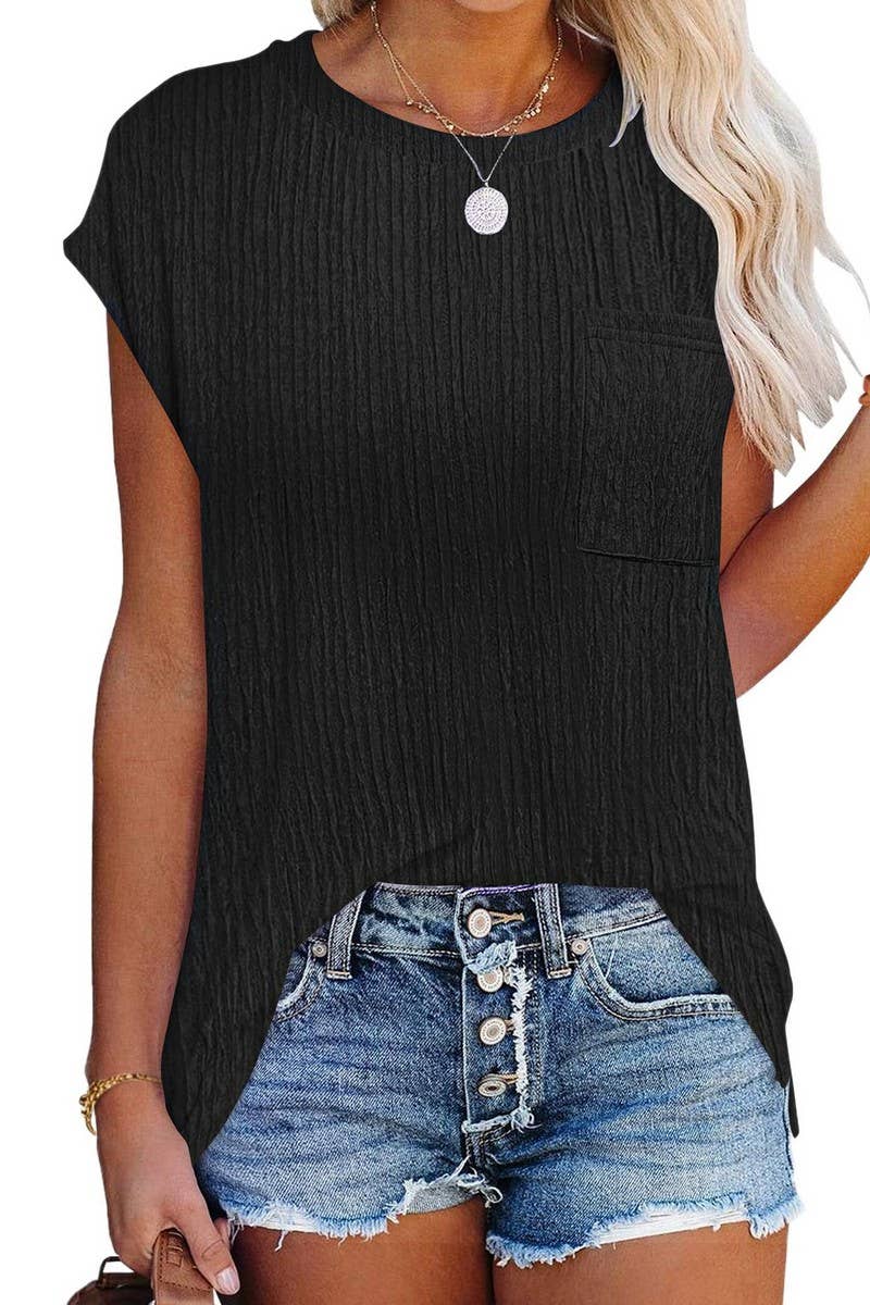CWTBLS1603_ROUND NECK SOLID COLOR POCKET SHORT SLEEVE TOP