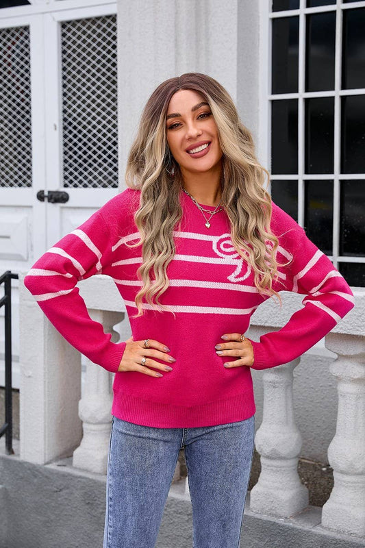 STRIPED BOW CREWNECK FLORAL KNIT TOPCWOSWL3107