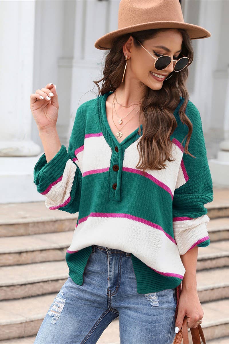 CWOSWL3175_BUTTON CONTRAST COLOR SPLIT KNITTED SWEATER