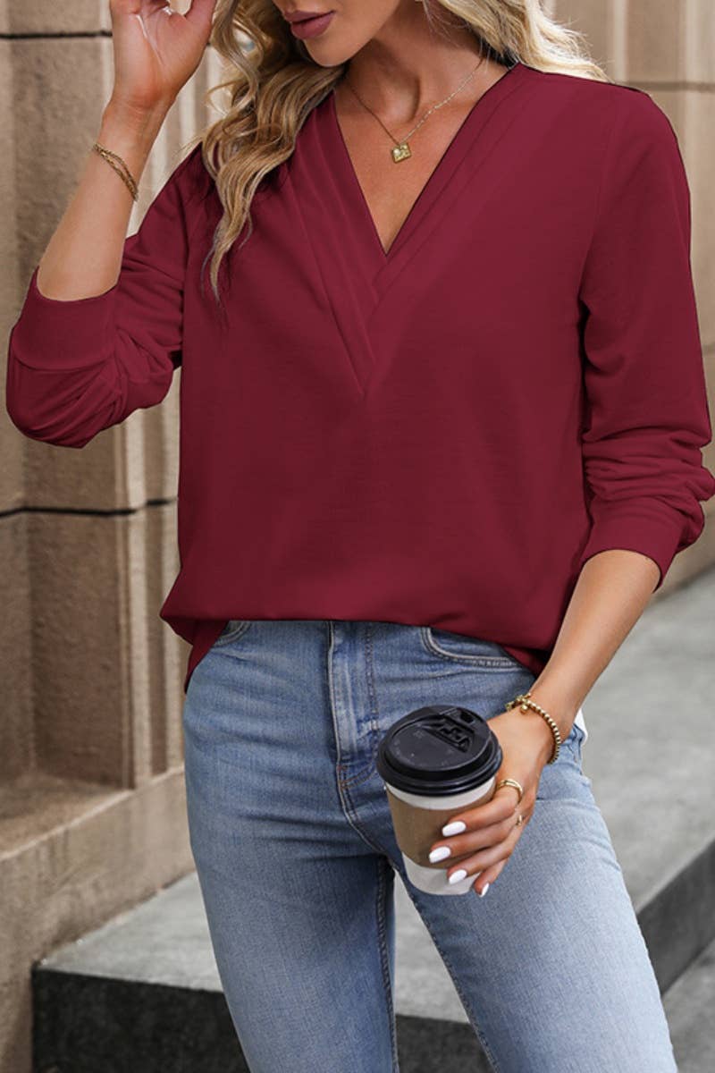 CWTBLL2884_V-NECK DESIGN COMMUTER LONG-SLEEVED TOP