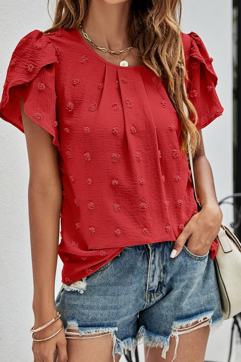 CWTBLS0342_Round neck Short Puff Sleeve Blouse